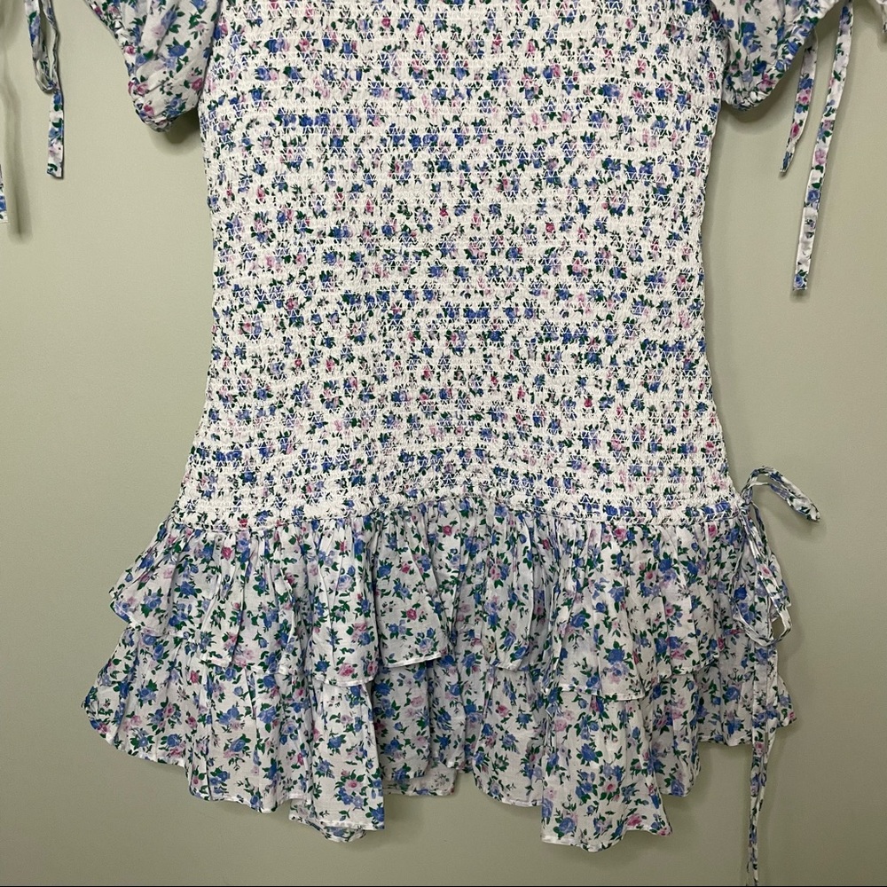 LOVESHACKFANCY Violet Smocked Floral Dress in Blue Jay. Large. - Picture 6 of 11